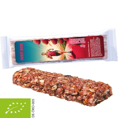 Bio Müsliriegel Multikorn-Himbeere (vegan), 30g, Express Flowpack mit Etikett