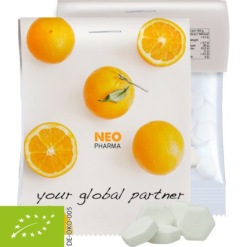 Bio Traubenzucker Orange Drops, ca. 15g, Express Midi-Tüte mit Werbereiter