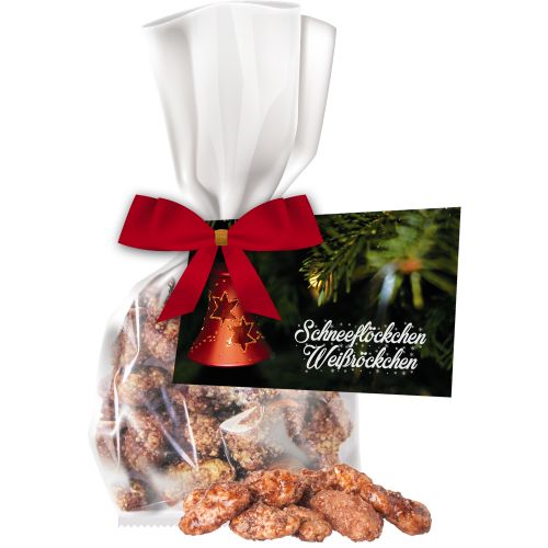 Feuergebrannte Mandeln (vegan), ca. 30g, Express Flachbeutel mit Schleife mit Werbekarte