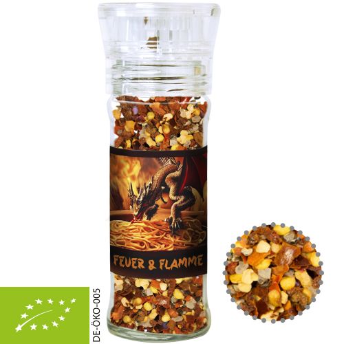 Bio Gewürzmischung Feuer und Flamme, ca. 45g, transparente Gewürzmühle