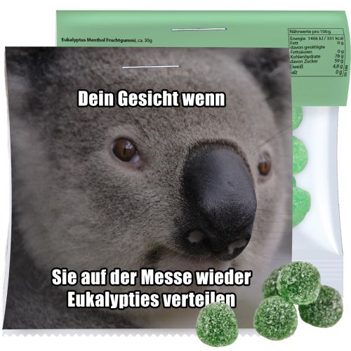 Eukalyptus Menthol Fruchtgummi mit Gelatine, ca. 30g, Express Maxi-Tüte mit Werbereiter