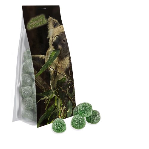 Eukalyptus Menthol Fruchtgummi mit Gelatine, ca. 40g, Express Blockbodenbeutel mit Werbereiter