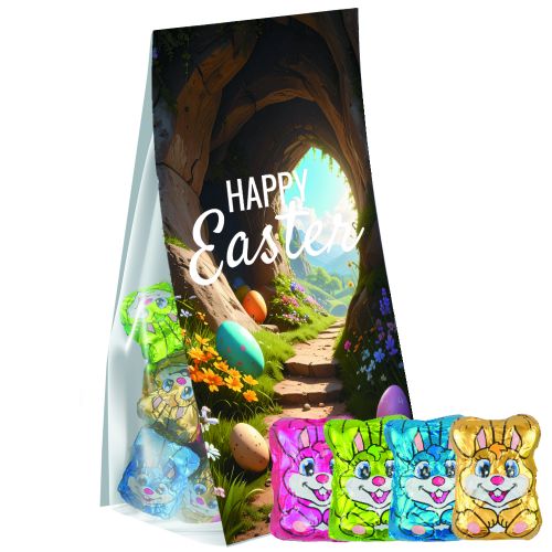Schoko-Hasen Mix, ca. 36g, Express Blockbodenbeutel mit Werbereiter