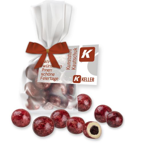 Johannisbeeren in weißer Schokolade, ca. 30g, Express Flachbeutel Maxi mit Schleife mit Werbekarte