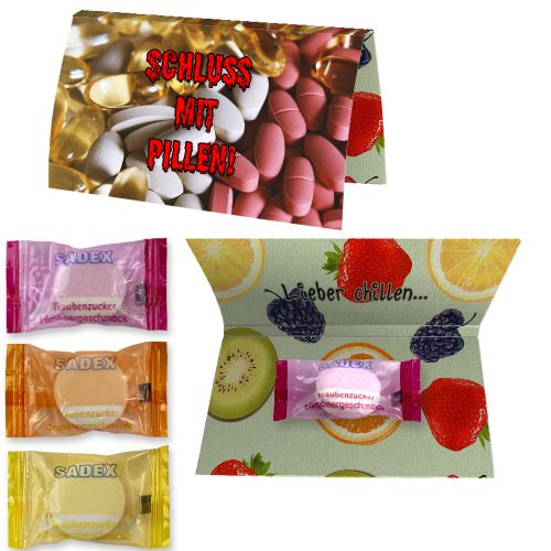 Traubenzucker mit Vitamin C, ca. 2,6g, Werbekarte A6 gefaltet