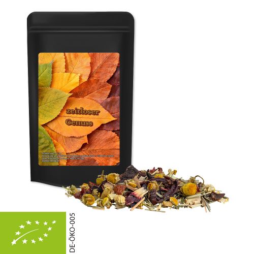 Bio Kräutertee Vierjahreszeiten, ca. 10g, Standbeutel Mini schwarz