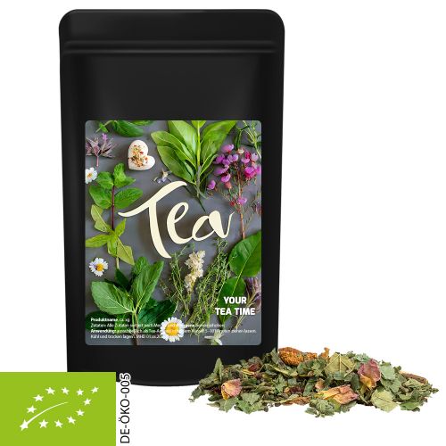 Bio Kräutertee Glücksgefühle, ca. 40g, Standbeutel Midi schwarz