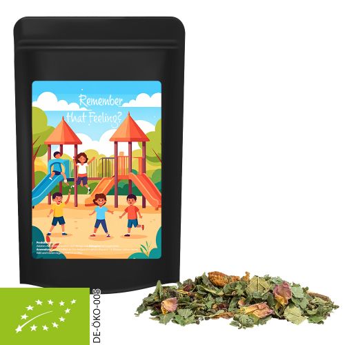 Bio Kräutertee Glücksgefühle, ca. 40g, Standbeutel Midi schwarz