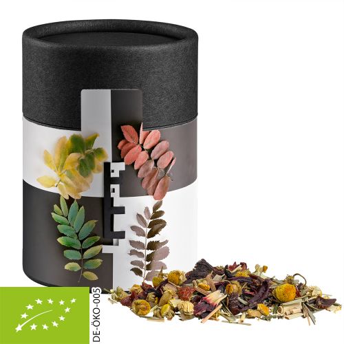 Bio Kräutertee Vierjahreszeiten, ca. 25g, Kraftpapierdose Midi schwarz