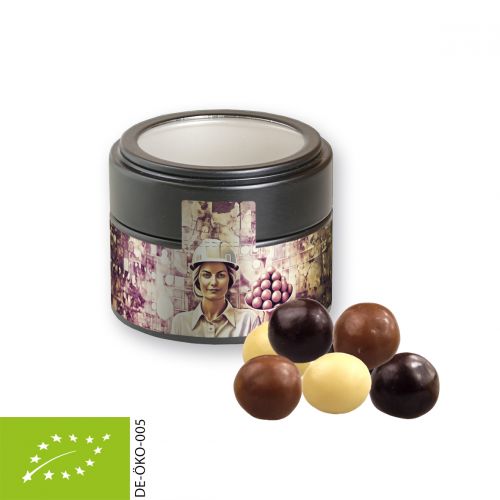 Bio Knusperkugeln-Mix, ca. 45g, Metalldose Mini mit Sichtfenster schwarz