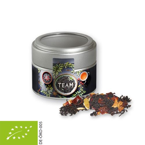 Bio Weihnachts Schwarztee, ca. 30g, Metalldose Mini mit Sichtfenster silber