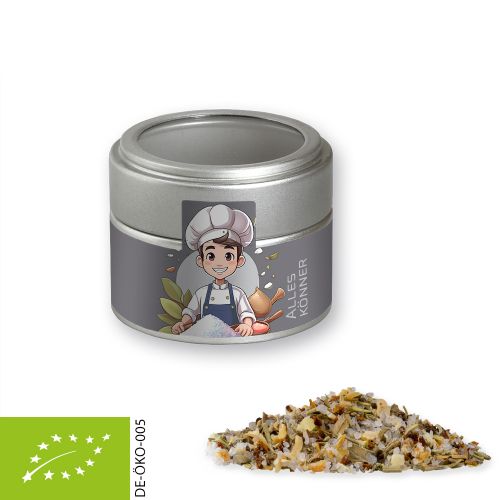 Bio Gewürzmischung Alleskönner, ca. 60g, Metalldose Mini mit Sichtfenster silber
