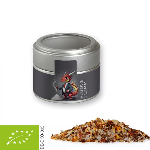 Bio Gewürzmischung Feuer und Flamme, ca. 60g, Metalldose Mini mit Sichtfenster silber