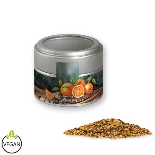 Gewürzmischung Orangen-Pfeffer, ca. 55g, Metalldose Mini mit Sichtfenster silber