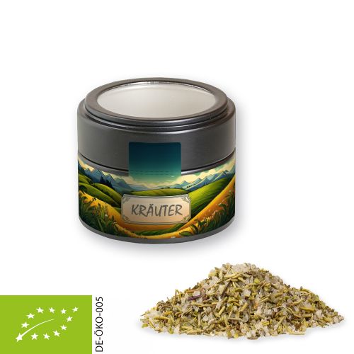 Bio Gewürzmischung Kräutersalz, ca. 75g, Metalldose Mini mit Sichtfenster schwarz