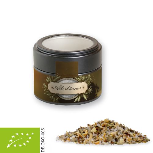 Bio Gewürzmischung Alleskönner, ca. 60g, Metalldose Mini mit Sichtfenster schwarz