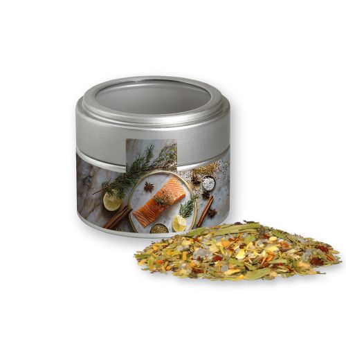 Weihnachts Gewürzmischung Fisch, ca. 55g, Metalldose Mini mit Sichtfenster silber