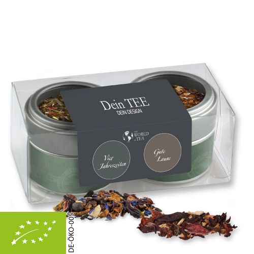 Verschiedene Weihnachts Teesorten, Bio und nicht-Bio, ca. 60-70g, Metalldose Mini mit Sichtfenster im 2er Set
