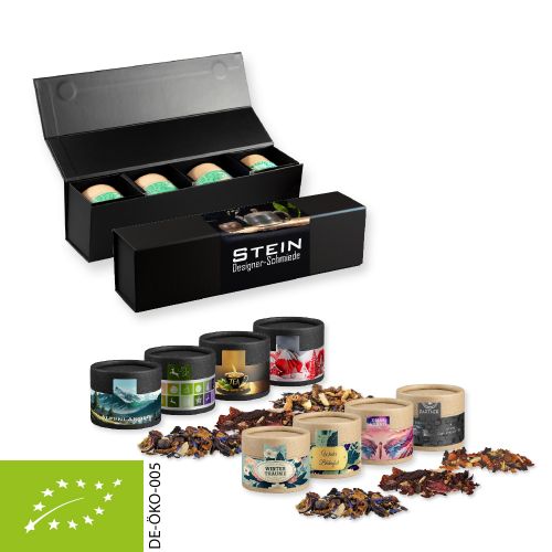 Verschiedene Weihnachts Teesorten, Bio und nicht-Bio, ca. 80-120g, Geschenk-Set Premium schwarz mit Magnetverschluss und 4 Kraftpapierdosen Mini