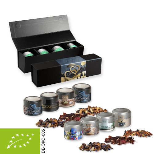 Verschiedene Weihnachts Teesorten, Bio und nicht-Bio, ca. 120-140g, Geschenk-Set Premium schwarz mit Magnetverschluss und 4 Metalldosen Mini mit Sichtfenster