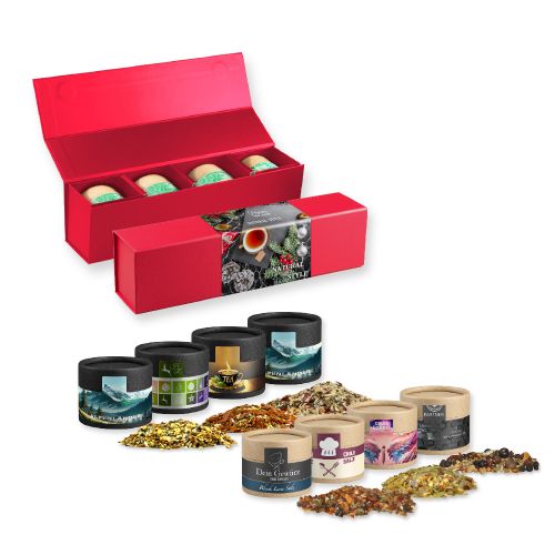 Verschiedene Weihnachts Gewürzmischungen, ca. 80-160g, Geschenk-Set Premium rot mit Magnetverschluss und 4 Kraftpapierdosen Mini