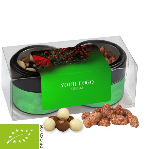 Bio Knusper Weihnachtsset mit feuergebrannten Mandeln und Knusperkugeln im MIx, ca. 105g, Metalldose Mini mit Sichtfenster im 2er Set