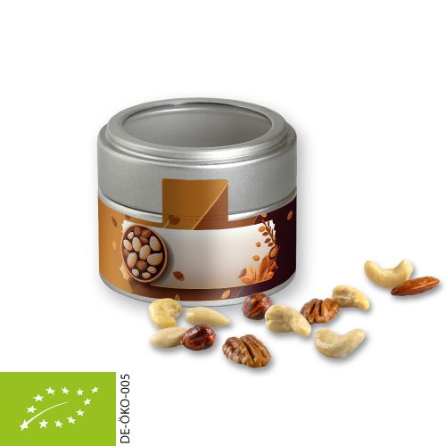 Bio NusskernMix, ca. 60g, Metalldose Mini mit Sichtfenster silber