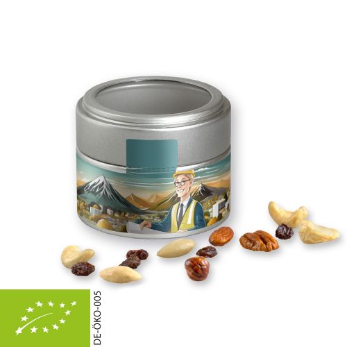 Bio Studentenfutter, ca. 60g, Metalldose Mini mit Sichtfenster silber