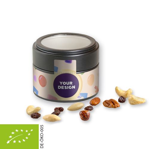 Bio Studentenfutter, ca. 60g, Metalldose Mini mit Sichtfenster schwarz