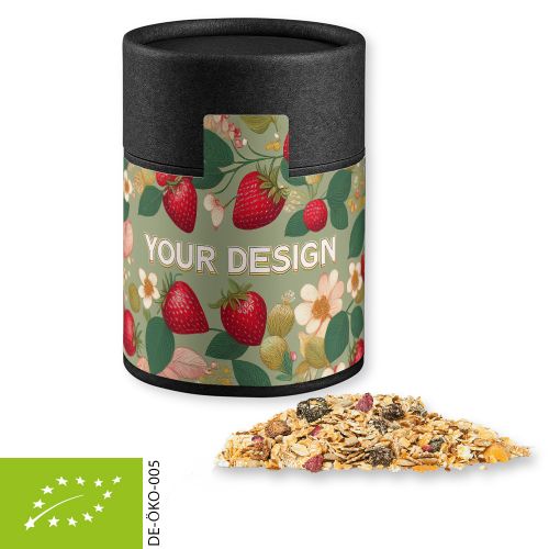 Bio Müsli Erdbeerchen (vegan), ca. 60g, Kraftpapierdose Midi schwarz