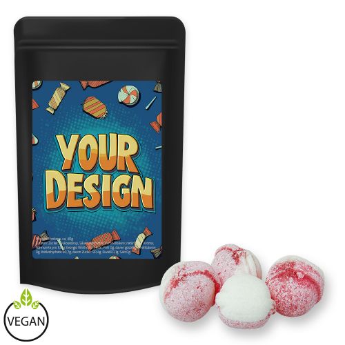 Erdbeer-Joghurt Bonbons, ca. 80g, Standbeutel Midi schwarz