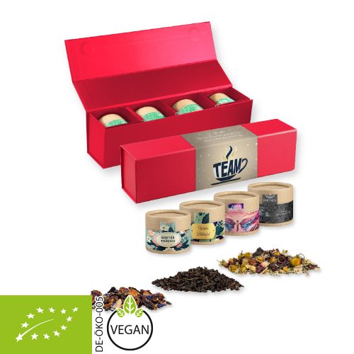 Verschiedene Teesorten, Bio und nicht-Bio, ca. 60-140g, Geschenk-Set Premium rot mit Magnetverschluss und 4 Kraftpapierdosen Mini
