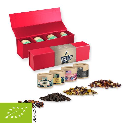 Verschiedene Teesorten, Bio und nicht-Bio, ca. 60-140g, Geschenk-Set Premium rot mit Magnetverschluss und 4 Kraftpapierdosen Mini