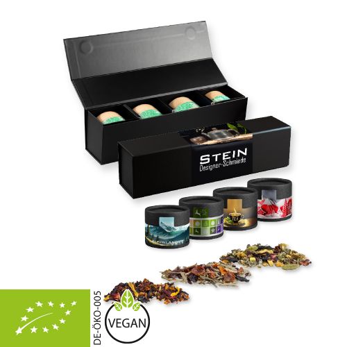 Verschiedene Teesorten, Bio und nicht-Bio, ca. 60-140g, Geschenk-Set Premium schwarz mit Magnetverschluss und 4 Kraftpapierdosen Mini