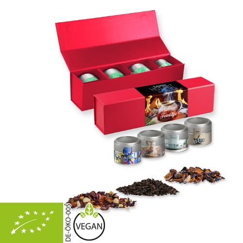 Verschiedene Teesorten, Bio und nicht-Bio, ca. 60-140g, Geschenk-Set Premium rot mit Magnetverschluss und 4 Metalldosen Mini mit Sichtfenste