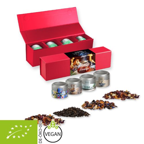 Verschiedene Teesorten, Bio und nicht-Bio, ca. 60-140g, Geschenk-Set Premium rot mit Magnetverschluss und 4 Metalldosen Mini mit Sichtfenste