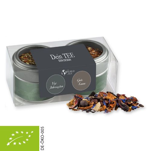 Verschiedene Teesorten, Bio und nicht-Bio, ca. 30-70g, Metalldose Mini mit Sichtfenster im 2er Set