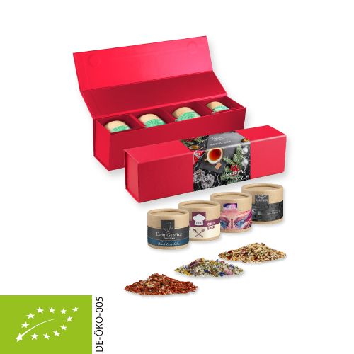 verschiedene Gewürzmischungen Bio und nicht Bio (Kategorie 1), ca. 120-300g, Geschenk-Set Premium rot mit Magnetverschluss und 4 Kraftpapierdosen Mini