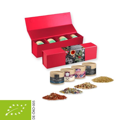 verschiedene Gewürzmischungen Bio und nicht Bio (Kategorie 2), ca. 40-160g, Geschenk-Set Premium rot mit Magnetverschluss und 4 Kraftpapierdosen Mini