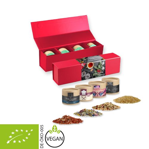 verschiedene Gewürzmischungen Bio und nicht Bio (Kategorie 3), ca. 100-300g, Geschenk-Set Premium rot mit Magnetverschluss und 4 Kraftpapierdosen Mini