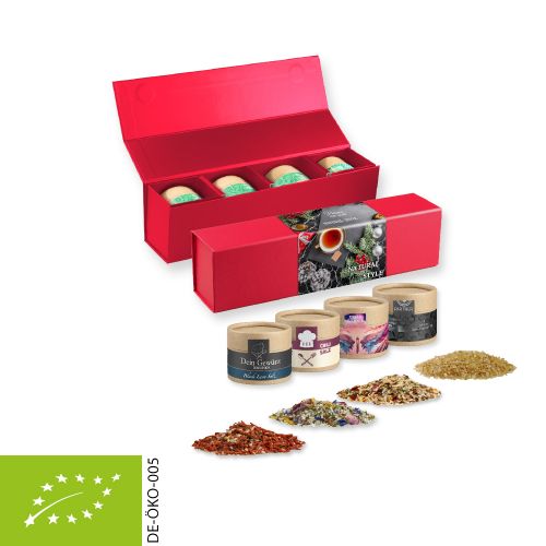 verschiedene Gewürzmischungen Bio und nicht Bio (Kategorie 3), ca. 100-300g, Geschenk-Set Premium rot mit Magnetverschluss und 4 Kraftpapierdosen Mini