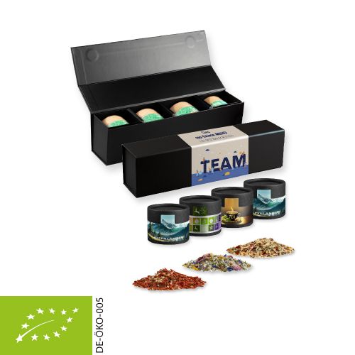 verschiedene Gewürzmischungen Bio und nicht Bio (Kategorie 2), ca. 40-160g, Geschenk-Set Premium schwarz mit Magnetverschluss und 4 Kraftpapierdosen Mini