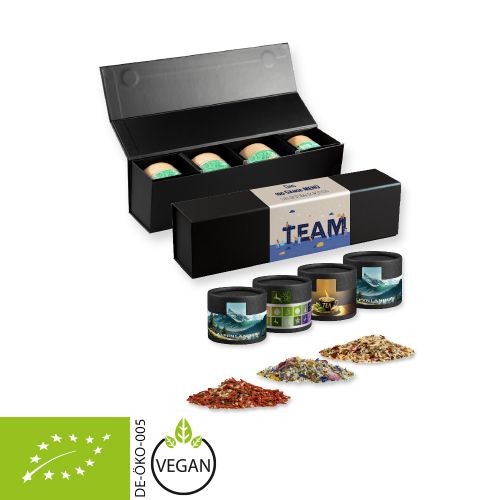 verschiedene Gewürzmischungen Bio und nicht Bio (Kategorie 2), ca. 40-160g, Geschenk-Set Premium schwarz mit Magnetverschluss und 4 Kraftpapierdosen Mini