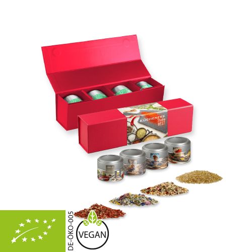 verschiedene Gewürzmischungen Bio und nicht Bio (Kategorie 1), ca. 160-440g, Geschenk-Set Premium rot mit Magnetverschluss und 4 Metalldosen Mini mit Sichtfenste