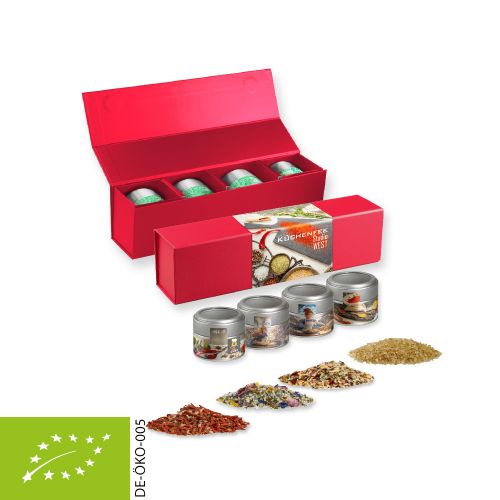 verschiedene Gewürzmischungen Bio und nicht Bio (Kategorie 1), ca. 160-440g, Geschenk-Set Premium rot mit Magnetverschluss und 4 Metalldosen Mini mit Sichtfenster