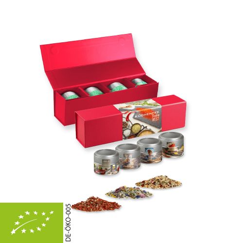 verschiedene Gewürzmischungen Bio und nicht Bio (Kategorie 3), ca. 140-440g, Geschenk-Set Premium rot mit Magnetverschluss und 4 Metalldosen Mini mit Sichtfenster