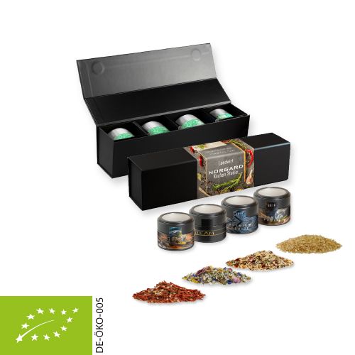 verschiedene Gewürzmischungen Bio und nicht Bio (Kategorie 1), ca. 160-440g, Geschenk-Set Premium schwarz mit Magnetverschluss und 4 Metalldosen Mini mit Sichtfenster