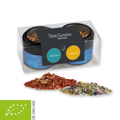 verschiedene Gewürzmischungen Bio und nicht Bio (Kategorie 2), ca. 32-130g, Metalldose Mini mit Sichtfenster im 2er Set