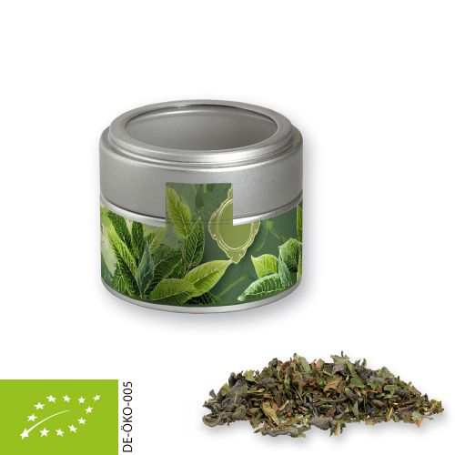 Bio Grüner Tee mit Minze, ca. 18g, Metalldose Mini mit Sichtfenster silber