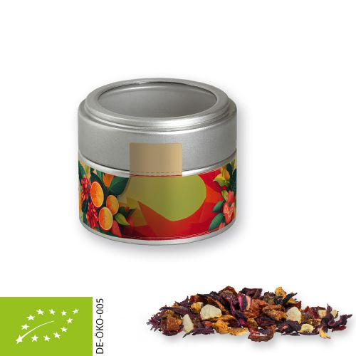 Bio Früchtetee gute Laune, ca. 30g, Metalldose Mini mit Sichtfenster silber